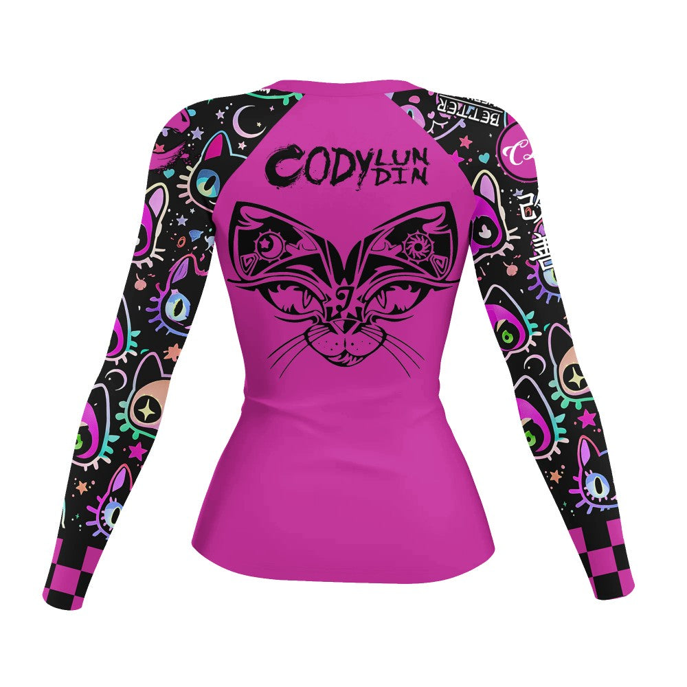 Women's Gothic Cat Print Workout Set — Rashguard & Shorts/Leggings