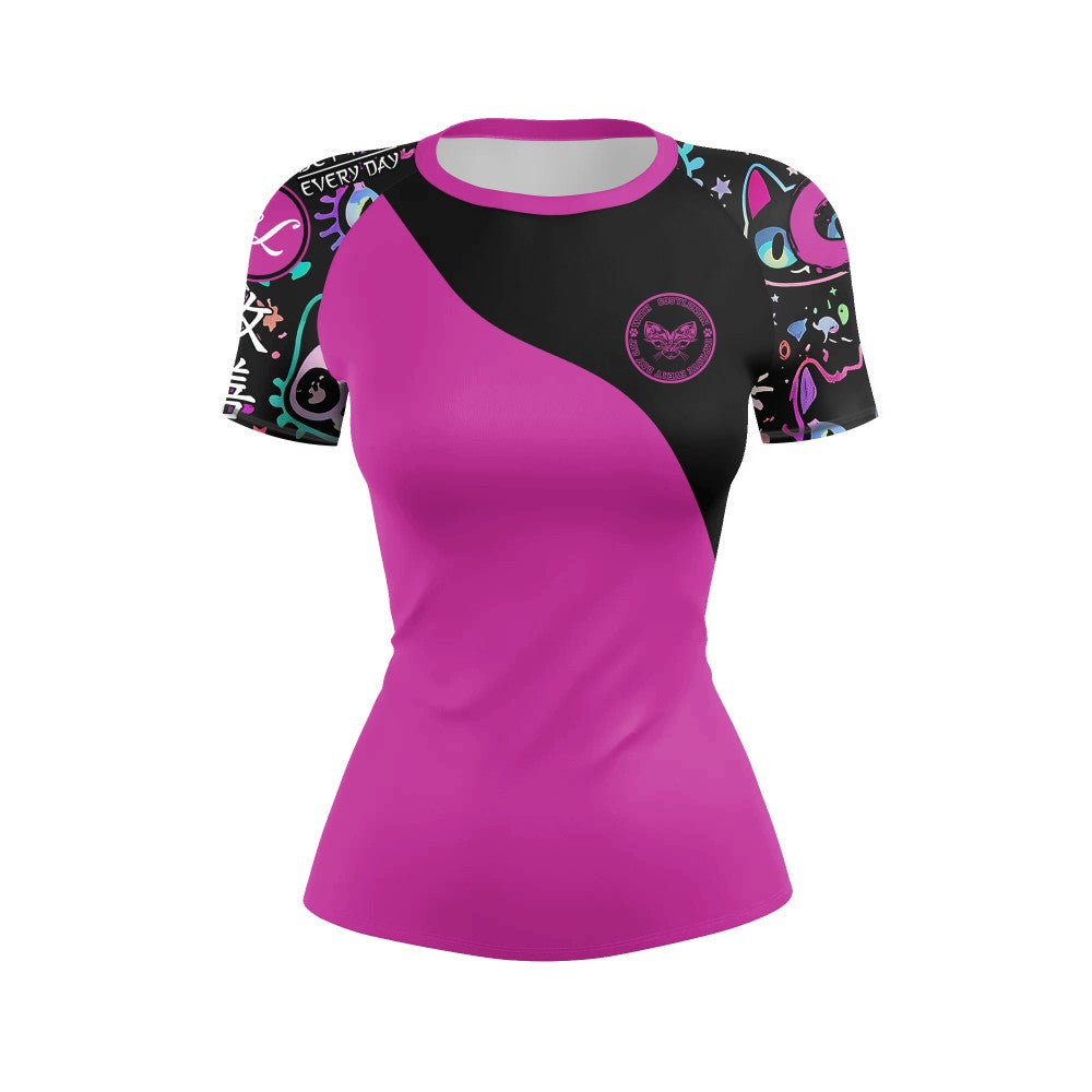 Women's Gothic Cat Print Workout Set — Rashguard & Shorts/Leggings