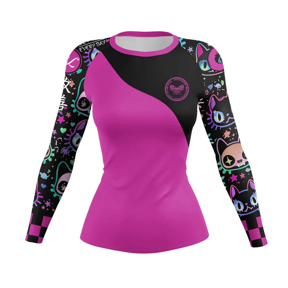 Women's Gothic Cat Print Workout Set — Rashguard & Shorts/Leggings