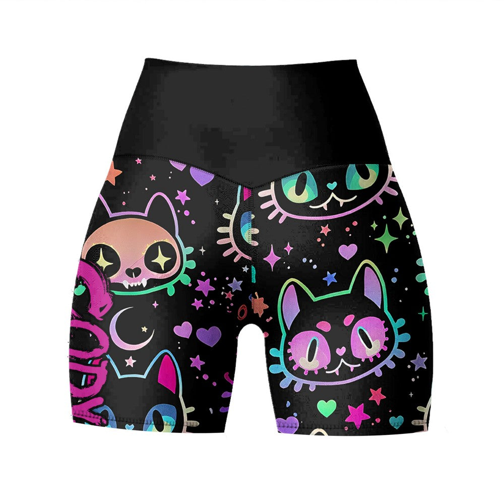 Women's Gothic Cat Print Workout Set — Rashguard & Shorts/Leggings