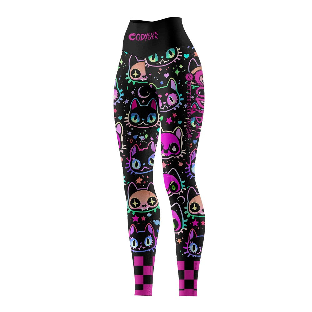 Women's Gothic Cat Print Workout Set — Rashguard & Shorts/Leggings