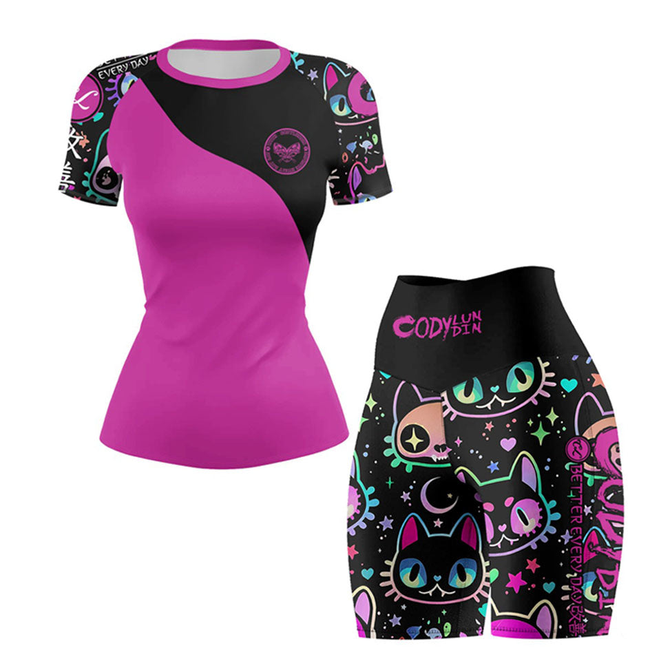 Women's Gothic Cat Print Workout Set — Rashguard & Shorts/Leggings