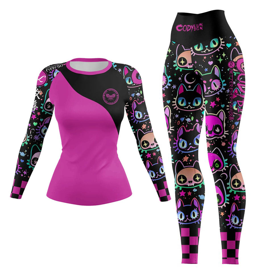 Women's Gothic Cat Print Workout Set — Rashguard & Shorts/Leggings