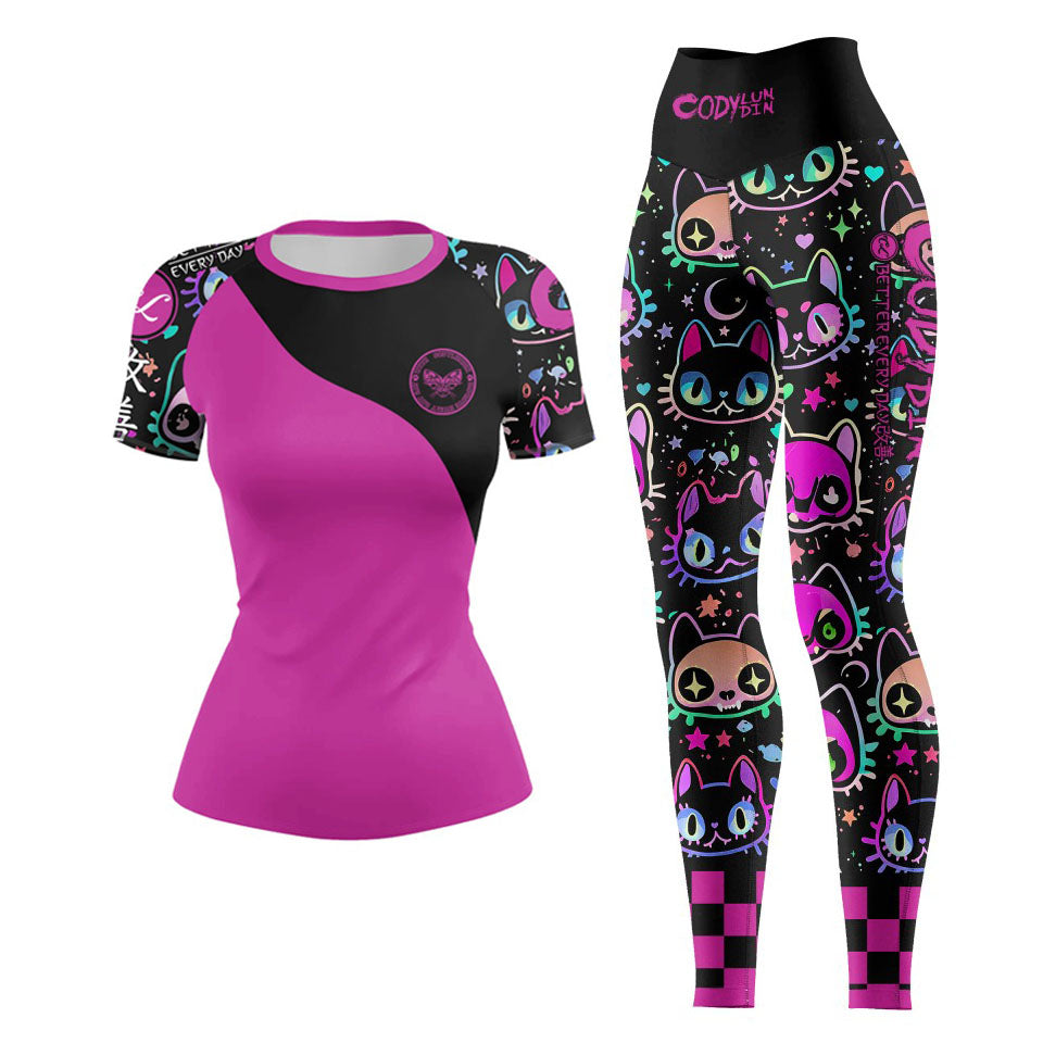 Women's Gothic Cat Print Workout Set — Rashguard & Shorts/Leggings