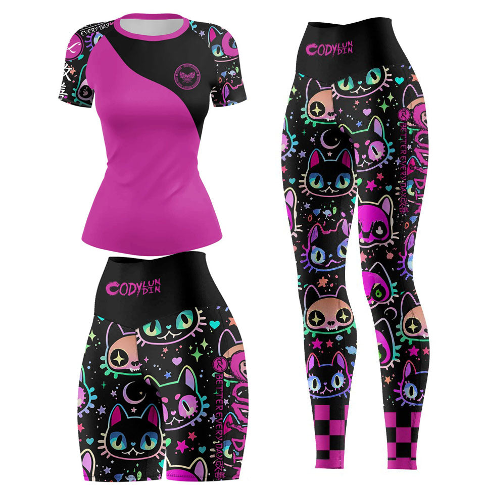 Women's Gothic Cat Print Workout Set — Rashguard & Shorts/Leggings