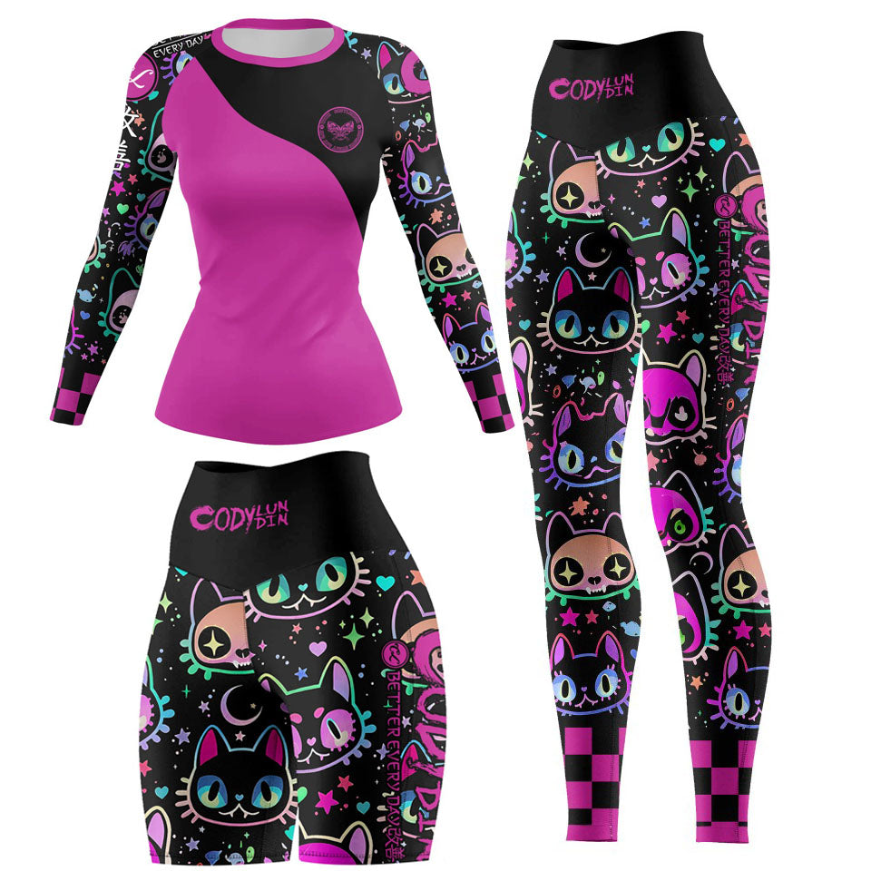 Women's Gothic Cat Print Workout Set — Rashguard & Shorts/Leggings