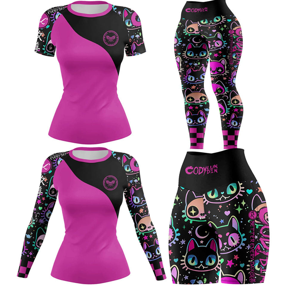 Women's Gothic Cat Print Workout Set — Rashguard & Shorts/Leggings