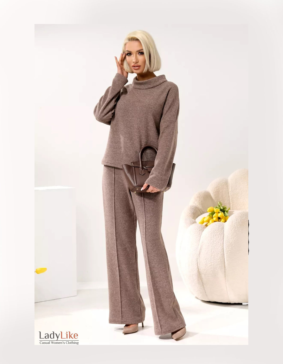 Premium Ribbed Knit Loungewear Set - Cozy Wool-Blend Sweater & Wide-Leg Pants