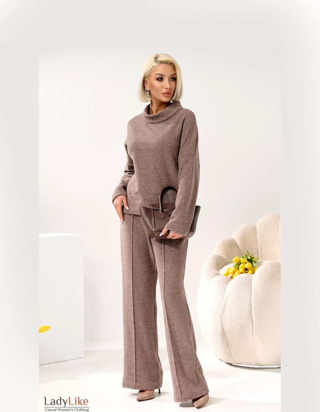 Premium Ribbed Knit Loungewear Set - Cozy Wool-Blend Sweater & Wide-Leg Pants