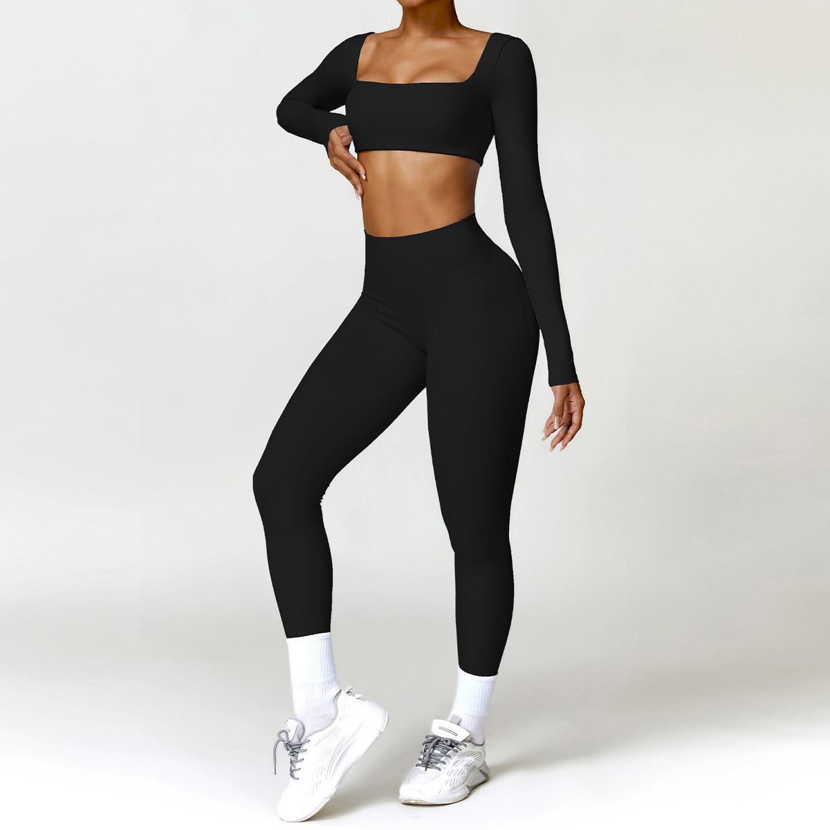 Fitness Set. 2-Piece Long-Sleeve Top and High-Rise Leggings or Shorts