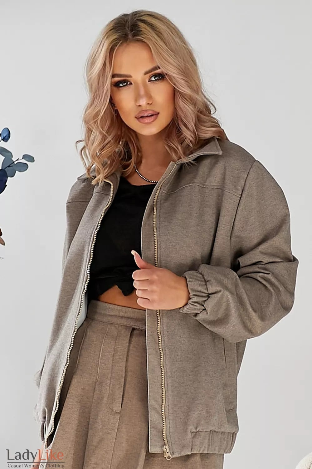 LadyLike Beige Wool-Blend Bomber & Mini Skirt Set