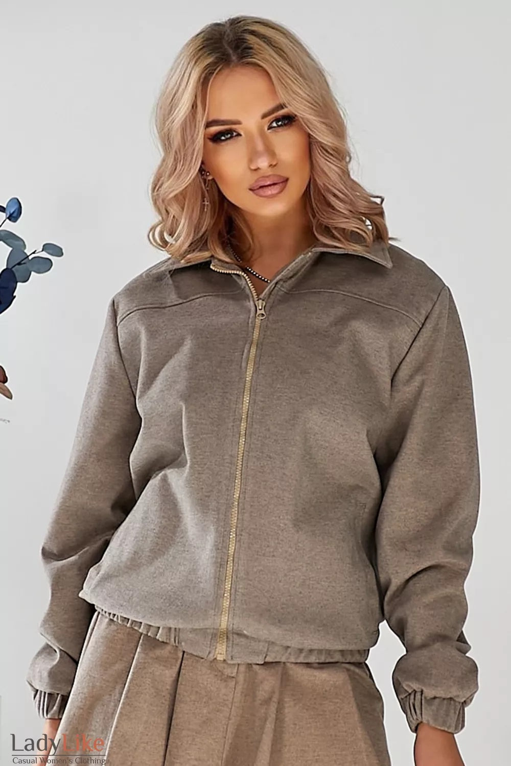 LadyLike Beige Wool-Blend Bomber & Mini Skirt Set