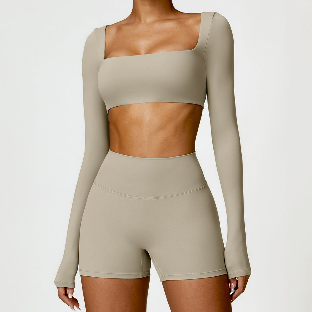 Fitness Set. 2-Piece Long-Sleeve Top and High-Rise Leggings or Shorts
