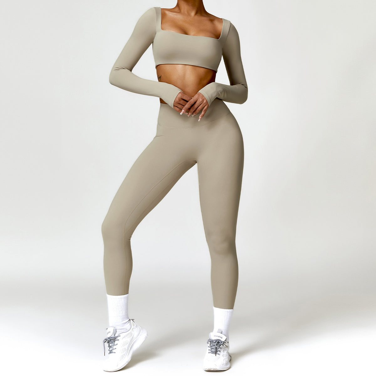 Fitness Set. 2-Piece Long-Sleeve Top and High-Rise Leggings or Shorts