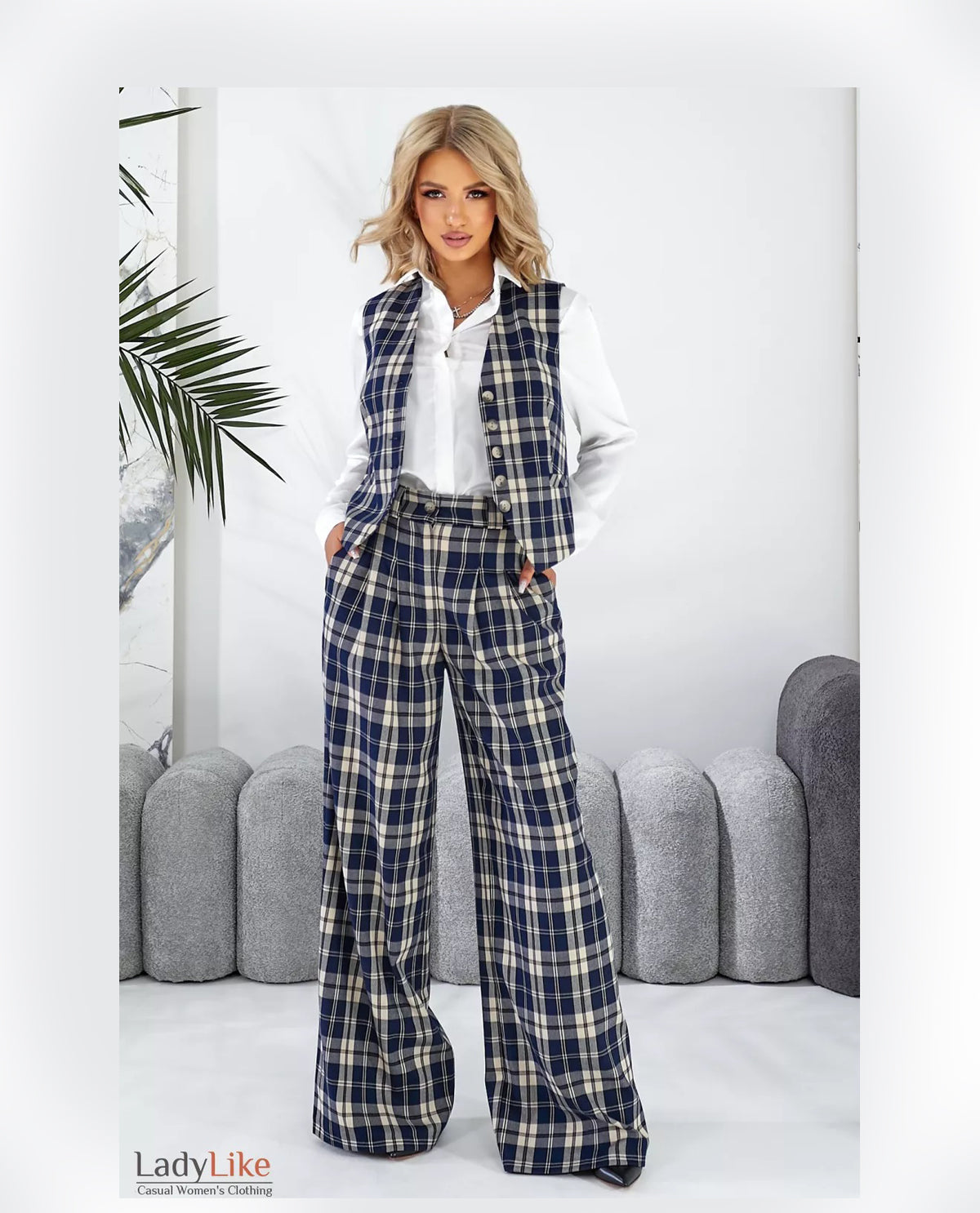 Premium Tailored Plaid Suit Set - Cropped Vest & High-Waisted Wide-Leg Palazzo Pants