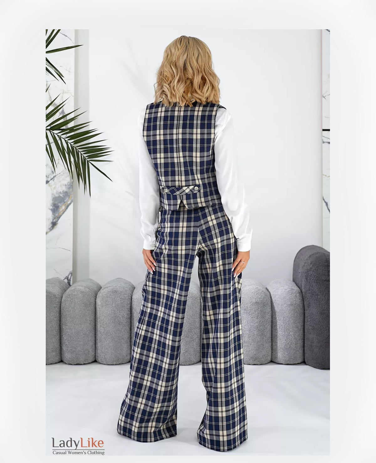Premium Tailored Plaid Suit Set - Cropped Vest & High-Waisted Wide-Leg Palazzo Pants