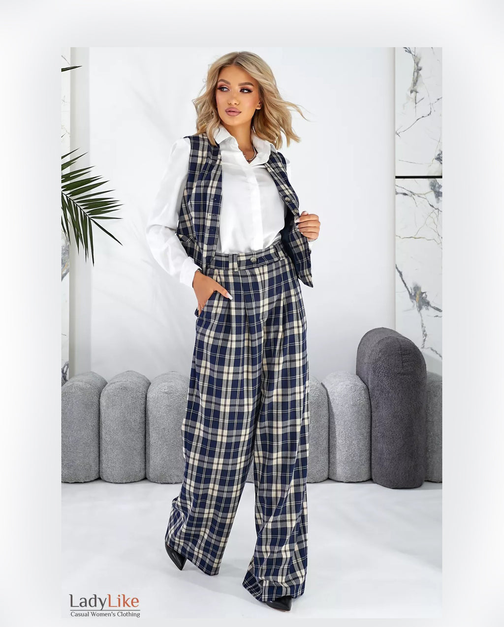 Premium Tailored Plaid Suit Set - Cropped Vest & High-Waisted Wide-Leg Palazzo Pants