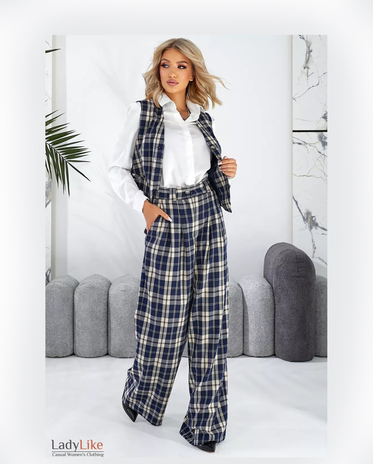 Premium Tailored Plaid Suit Set - Cropped Vest & High-Waisted Wide-Leg Palazzo Pants