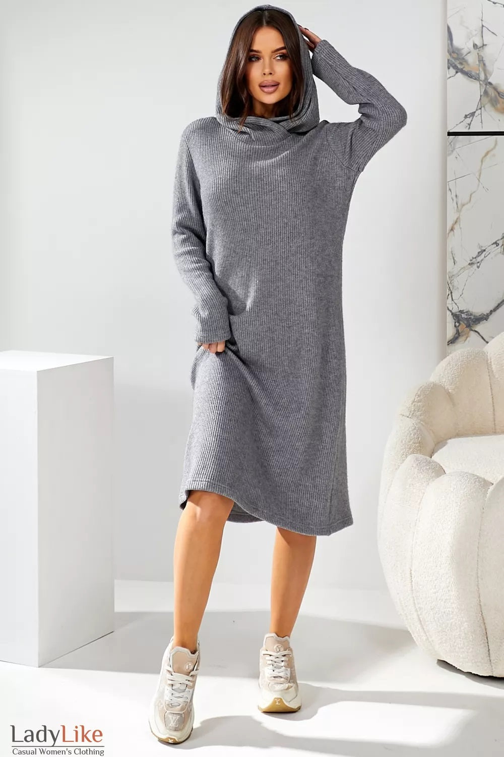 Grey Hooded Knit Midi Dress