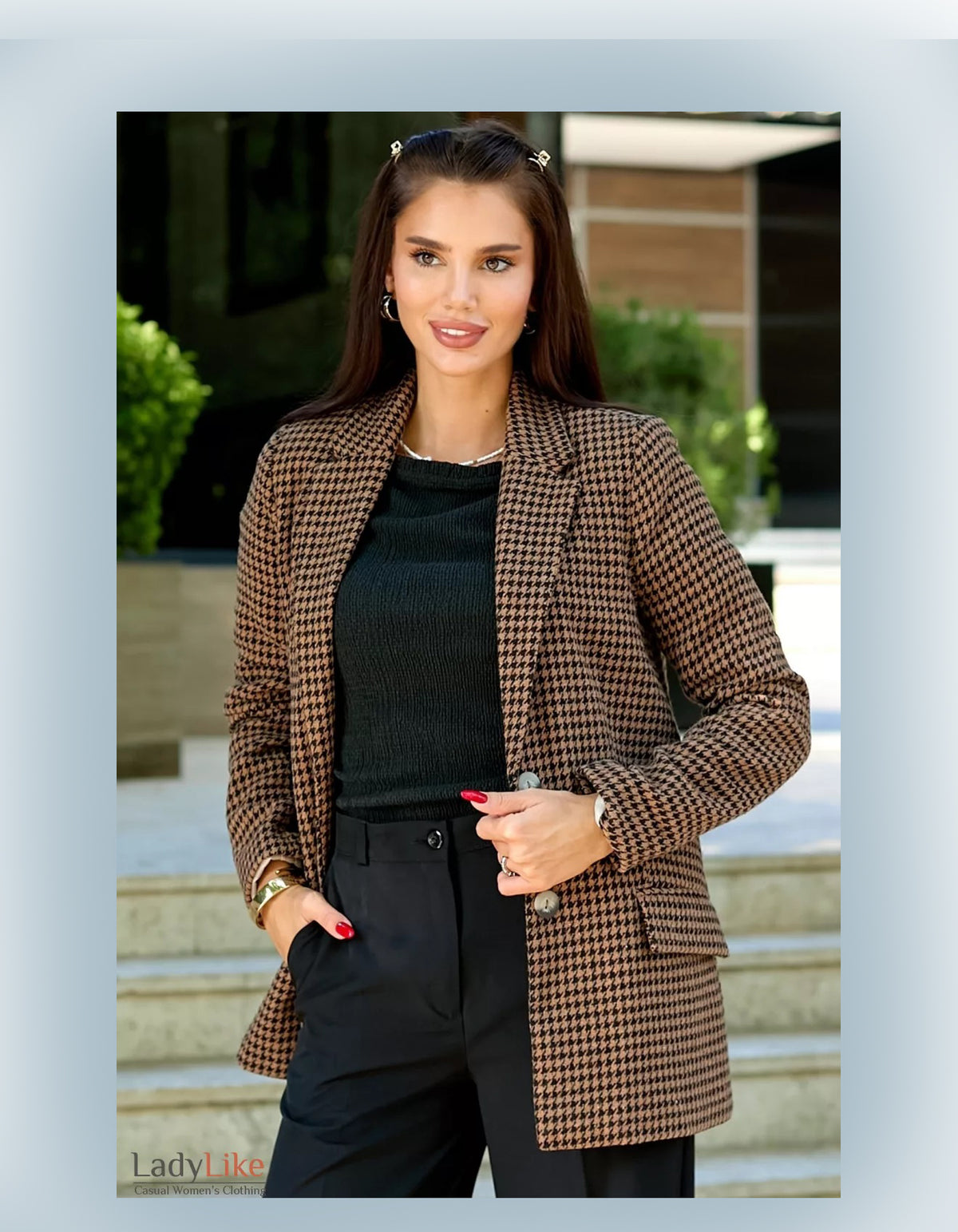 Premium Oversized Houndstooth Wool Blazer - Long Single-Breasted Plaid Jacket