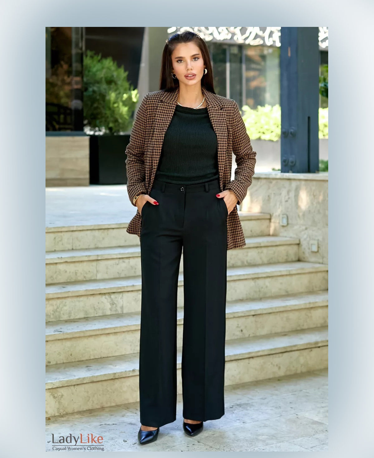 Premium Oversized Houndstooth Wool Blazer - Long Single-Breasted Plaid Jacket