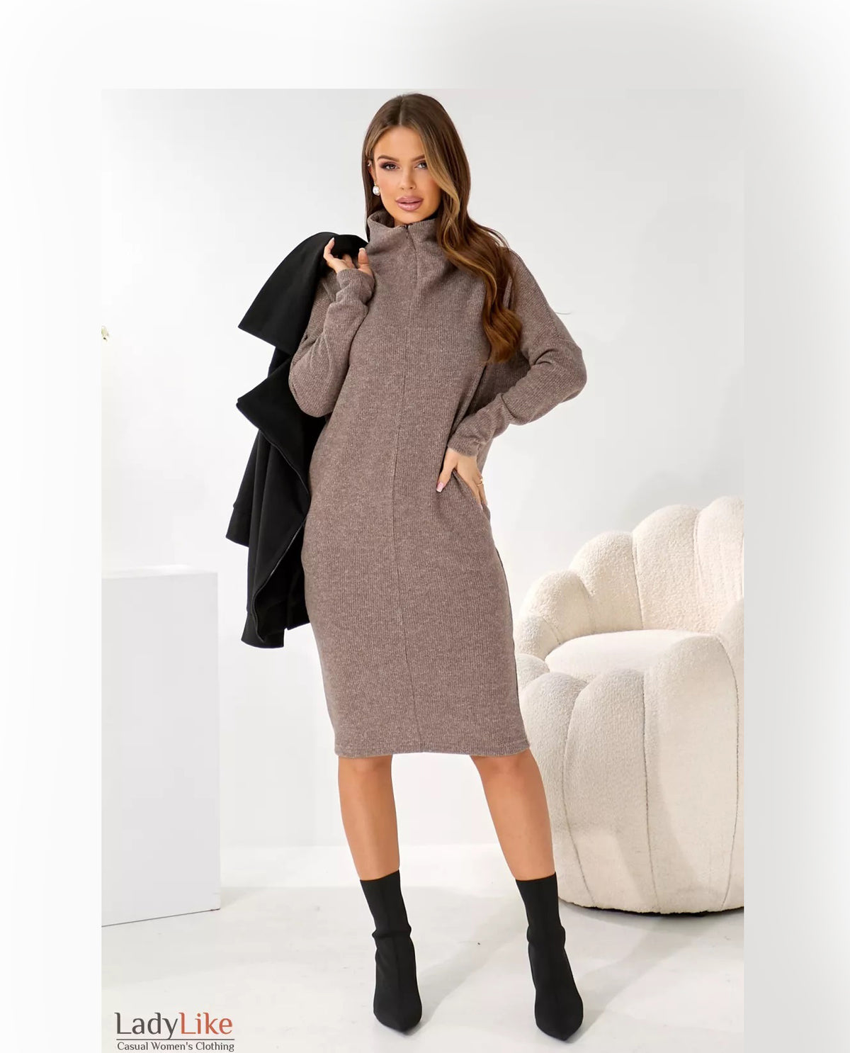 Premium Ribbed Knit Quarter-Zip Midi Dress - Cozy High-Stretch Wool-Blend Dress