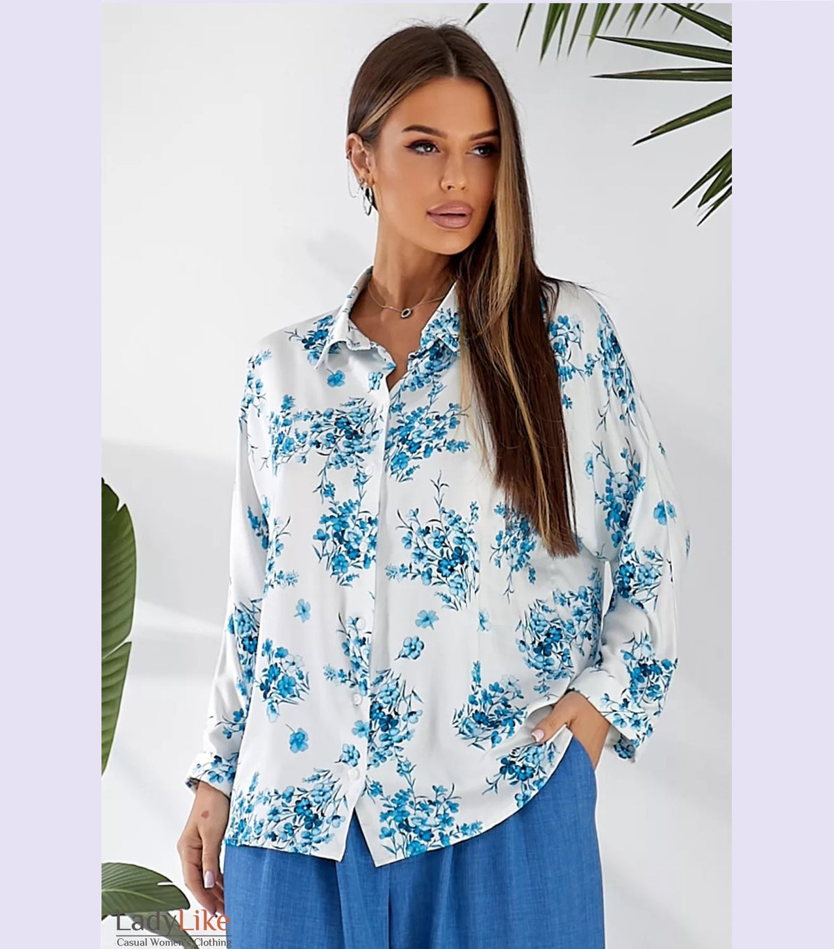 Premium Floral Batwing Blouse - Elegant Viscose Button-Down 3/4 Sleeve Top