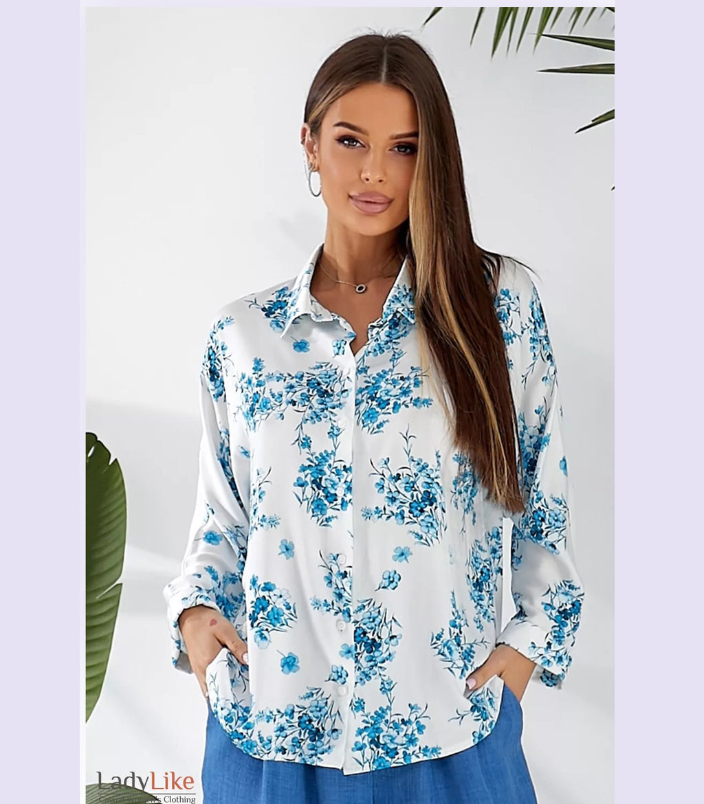 Premium Floral Batwing Blouse - Elegant Viscose Button-Down 3/4 Sleeve Top