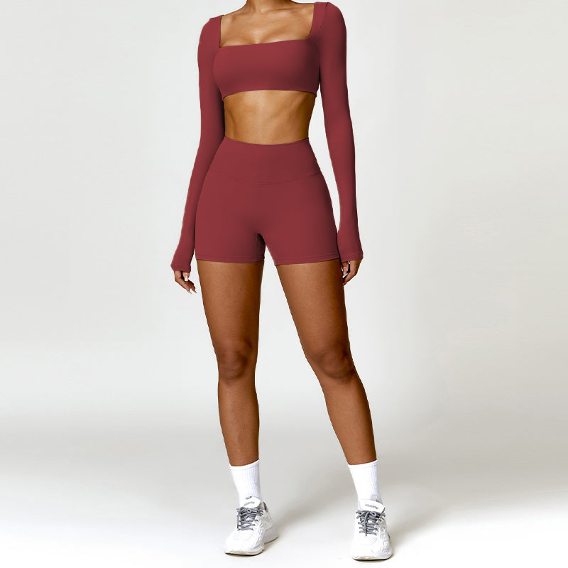 Fitness Set. 2-Piece Long-Sleeve Top and High-Rise Leggings or Shorts