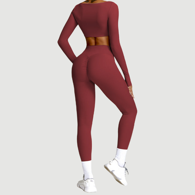 Fitness Set. 2-Piece Long-Sleeve Top and High-Rise Leggings or Shorts