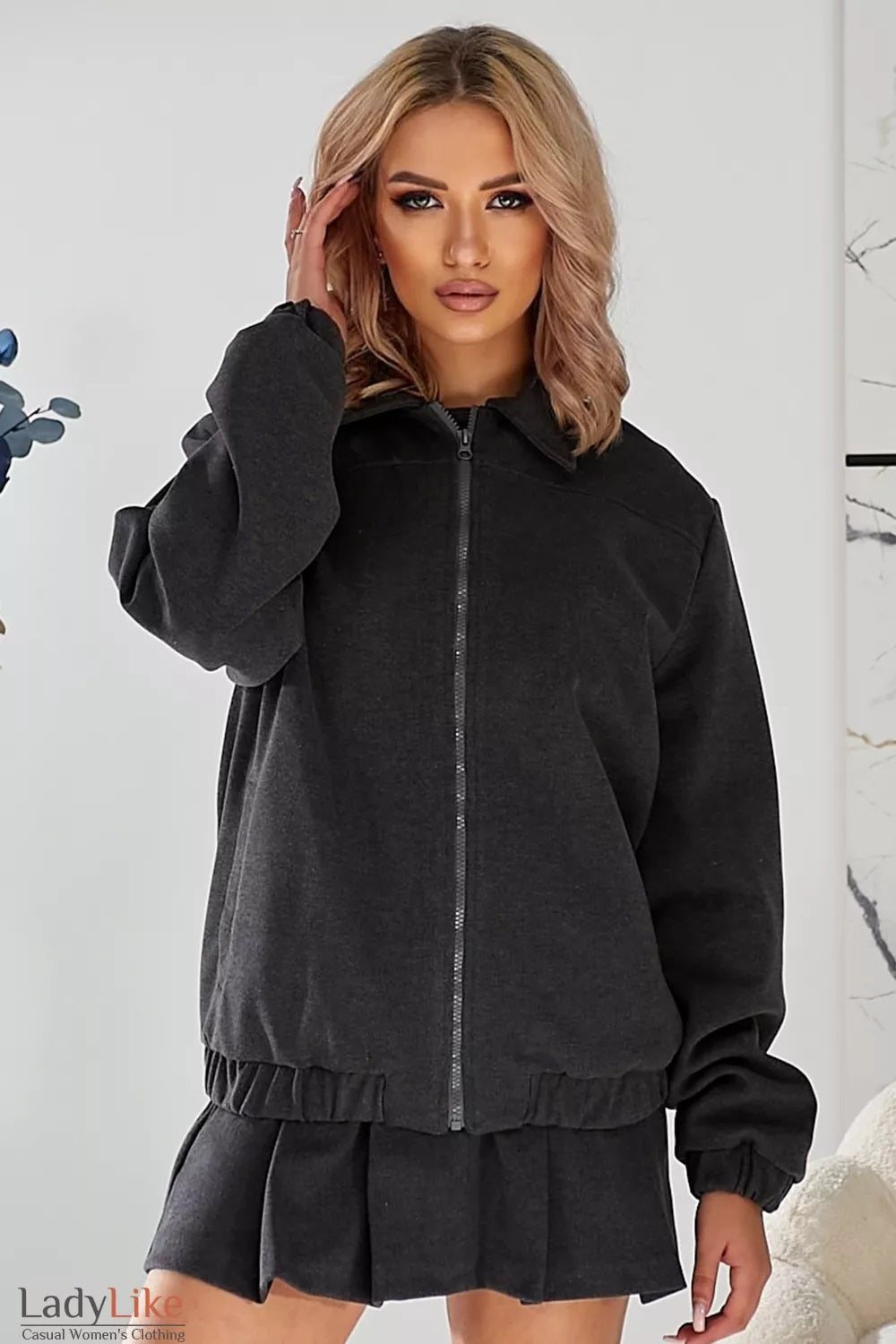 LadyLike Grey Wool-Blend Bomber & Mini Skirt Set