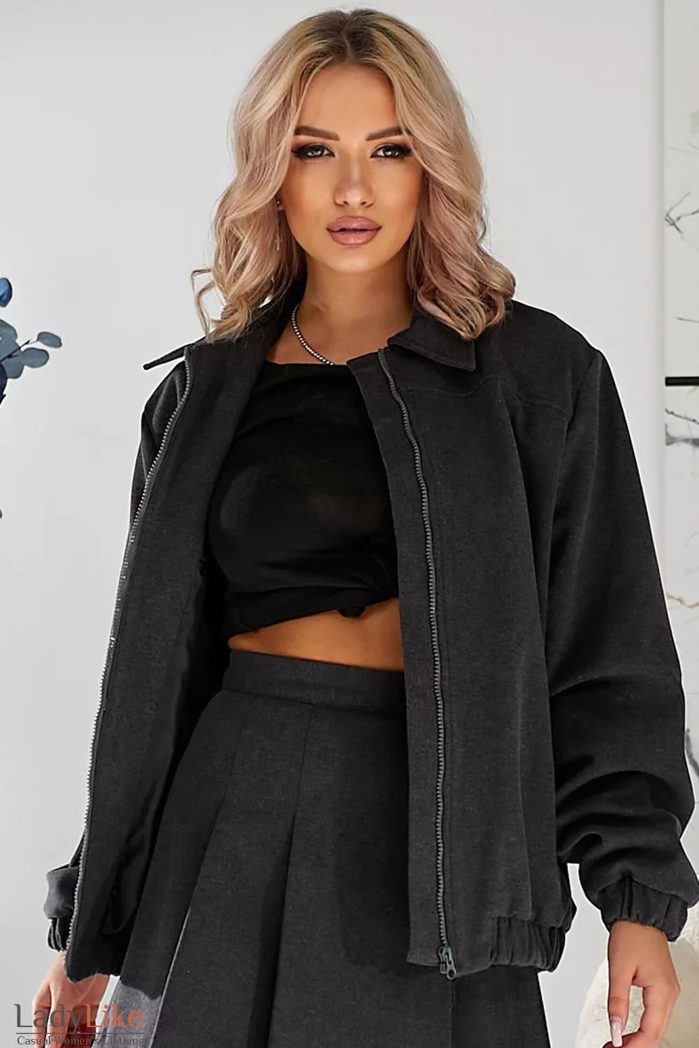 LadyLike Grey Wool-Blend Bomber & Mini Skirt Set