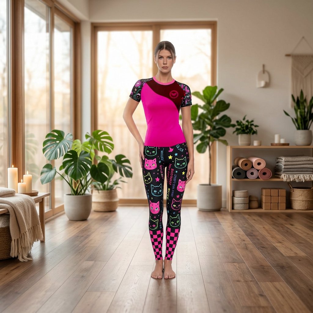 Women's Gothic Cat Print Workout Set — Rashguard & Shorts/Leggings