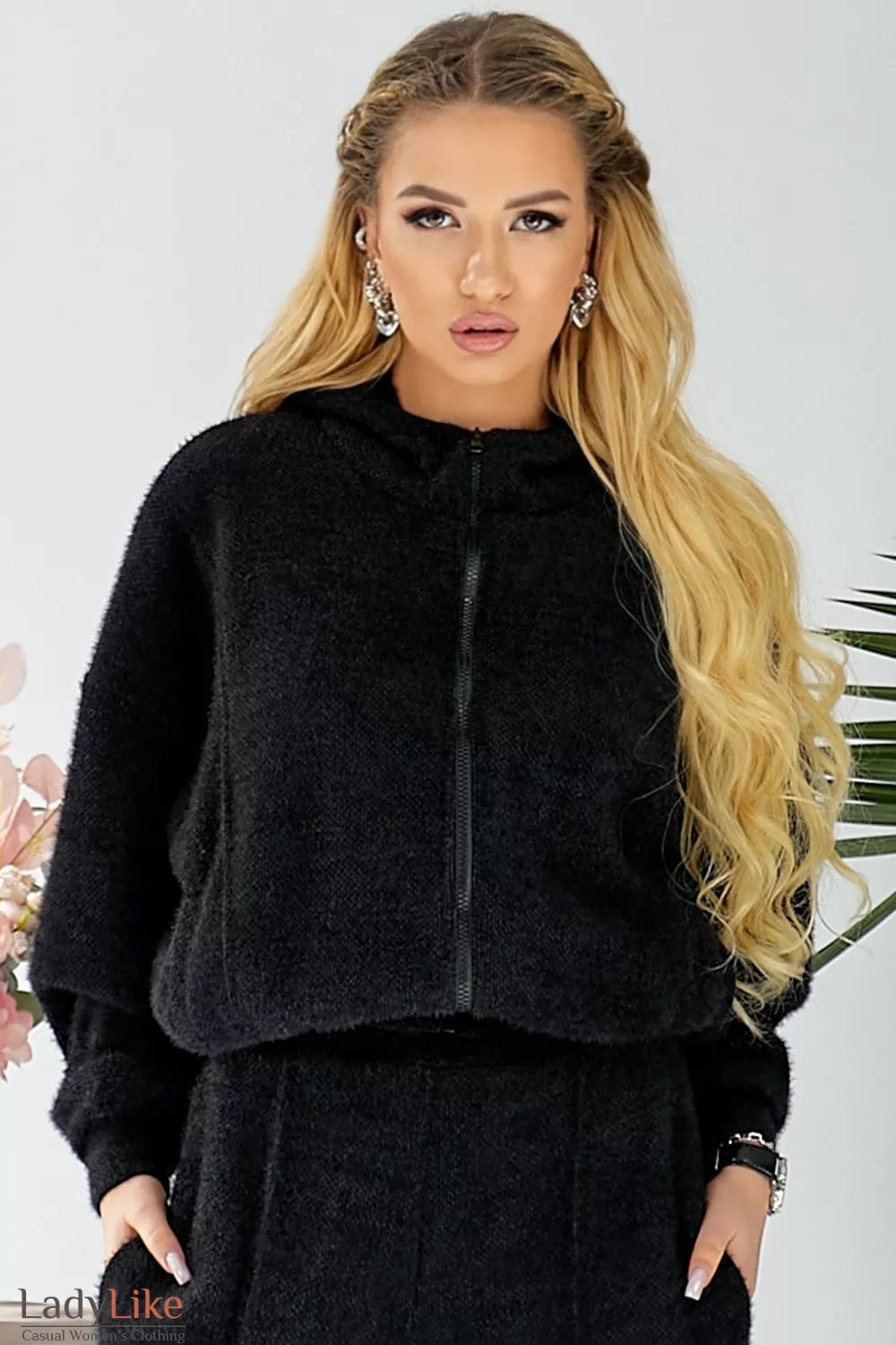 Oversized Hooded Knit Jacket in Black
