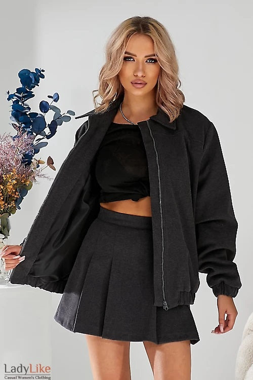 LadyLike Grey Wool-Blend Bomber & Mini Skirt Set