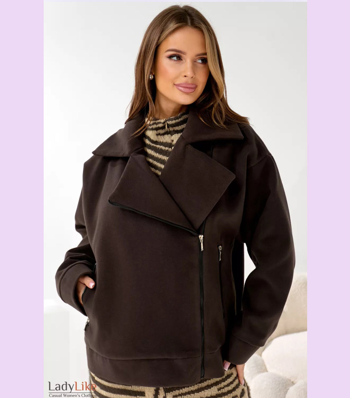 Premium Pinstripe Wool-Cashmere Moto Coat - Short Asymmetrical Brown Zipper Jacket