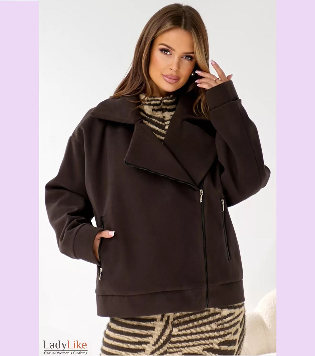 Premium Pinstripe Wool-Cashmere Moto Coat - Short Asymmetrical Brown Zipper Jacket