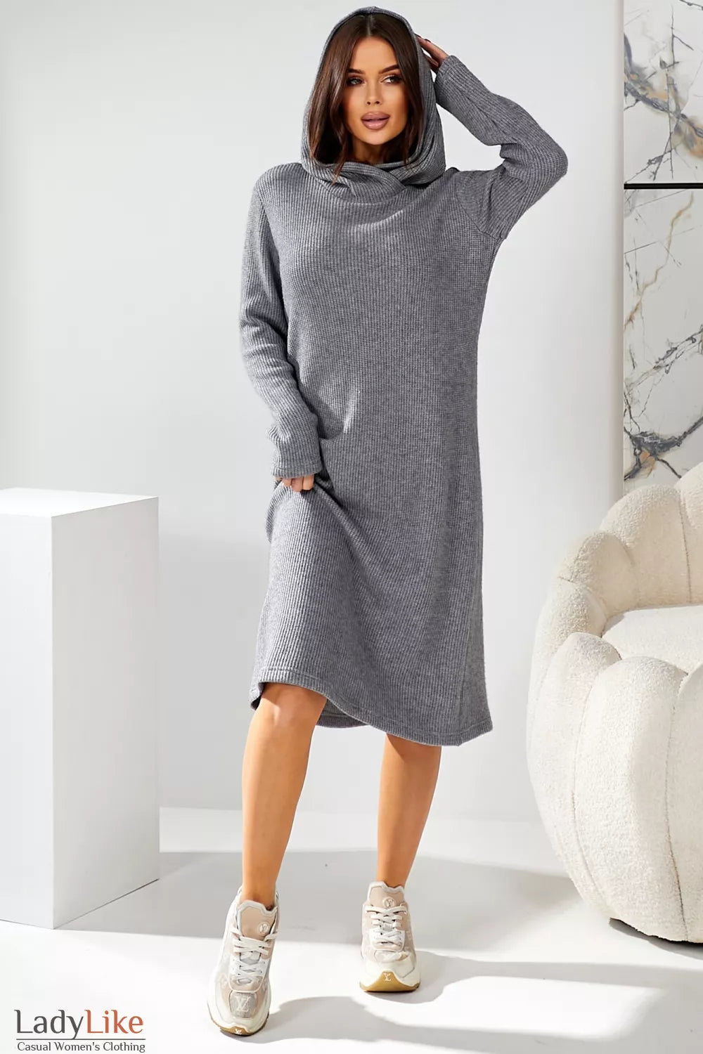 Grey Hooded Knit Midi Dress