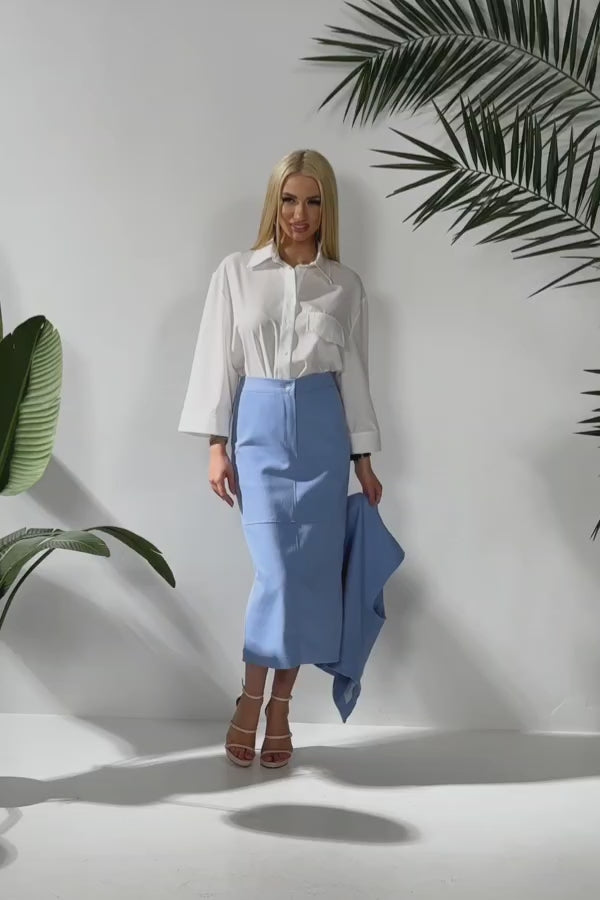 Premium Denim Midi Skirt - Elegant Light Blue High-Waisted Pencil Skirt with Front Slit