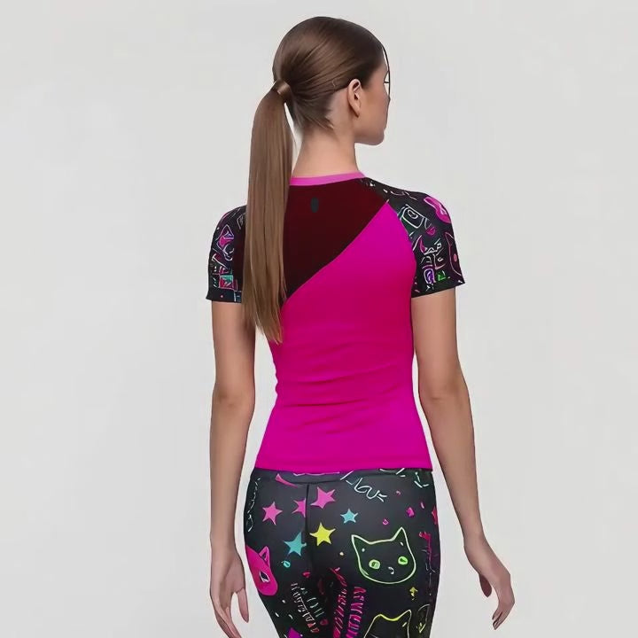 Women's Gothic Cat Print Workout Set — Rashguard & Shorts/Leggings