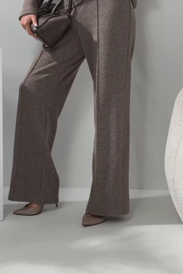 Premium Ribbed Knit Loungewear Set - Cozy Wool-Blend Sweater & Wide-Leg Pants