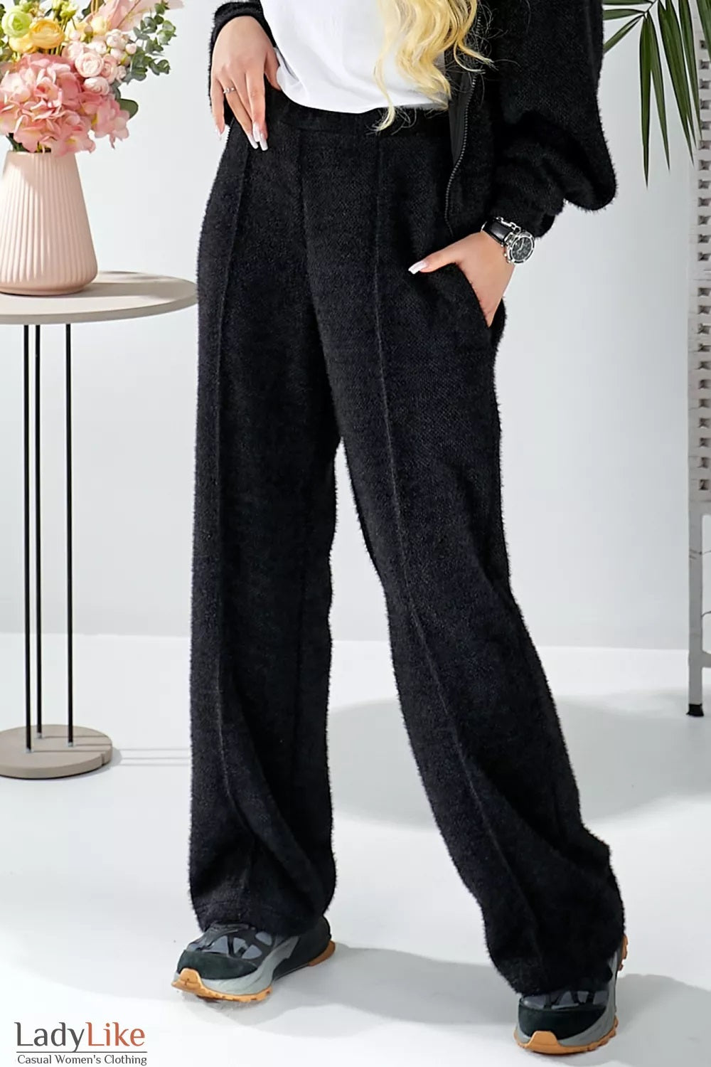 Cozy Knit Wide-Leg Trousers Black