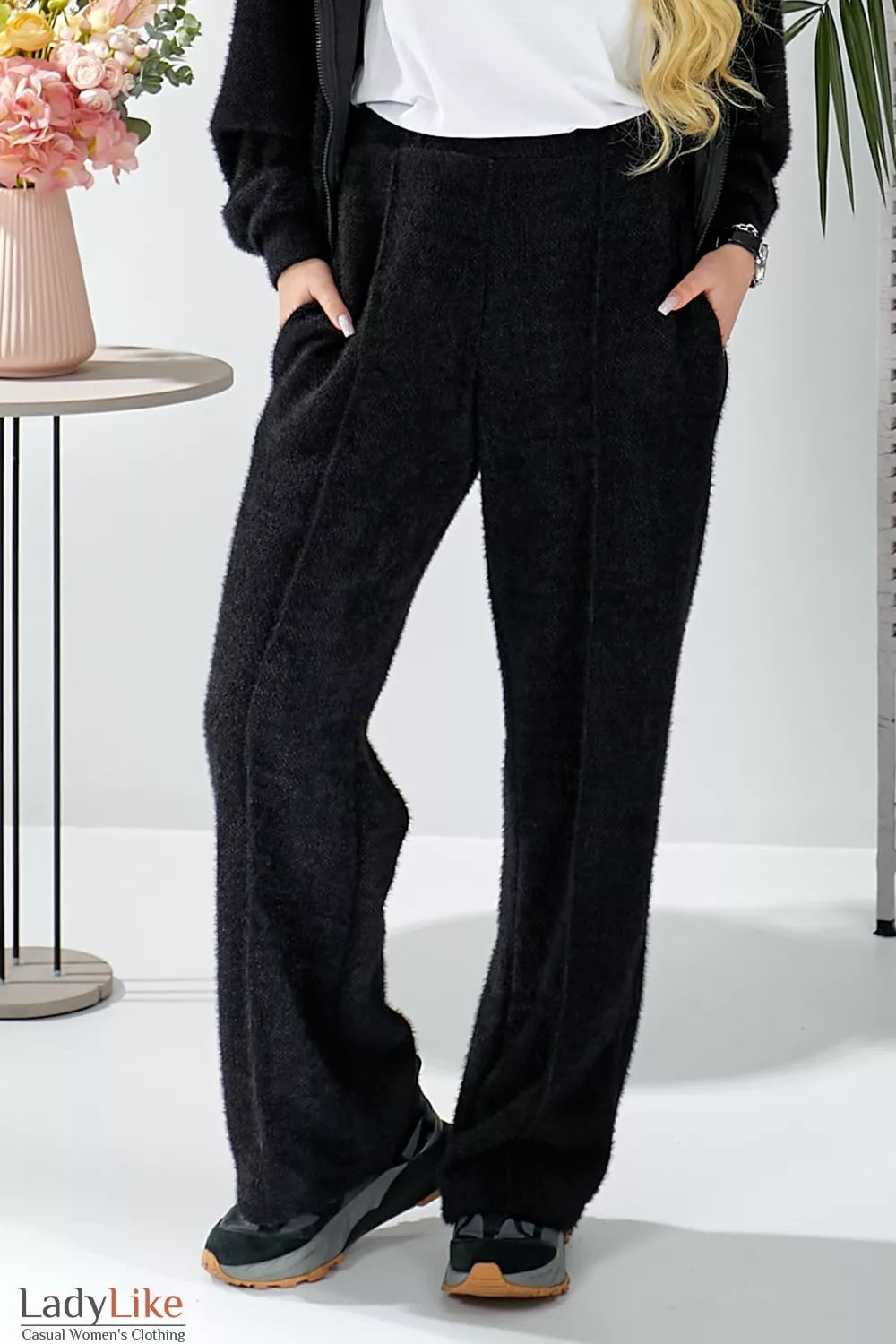 Cozy Knit Wide-Leg Trousers Black