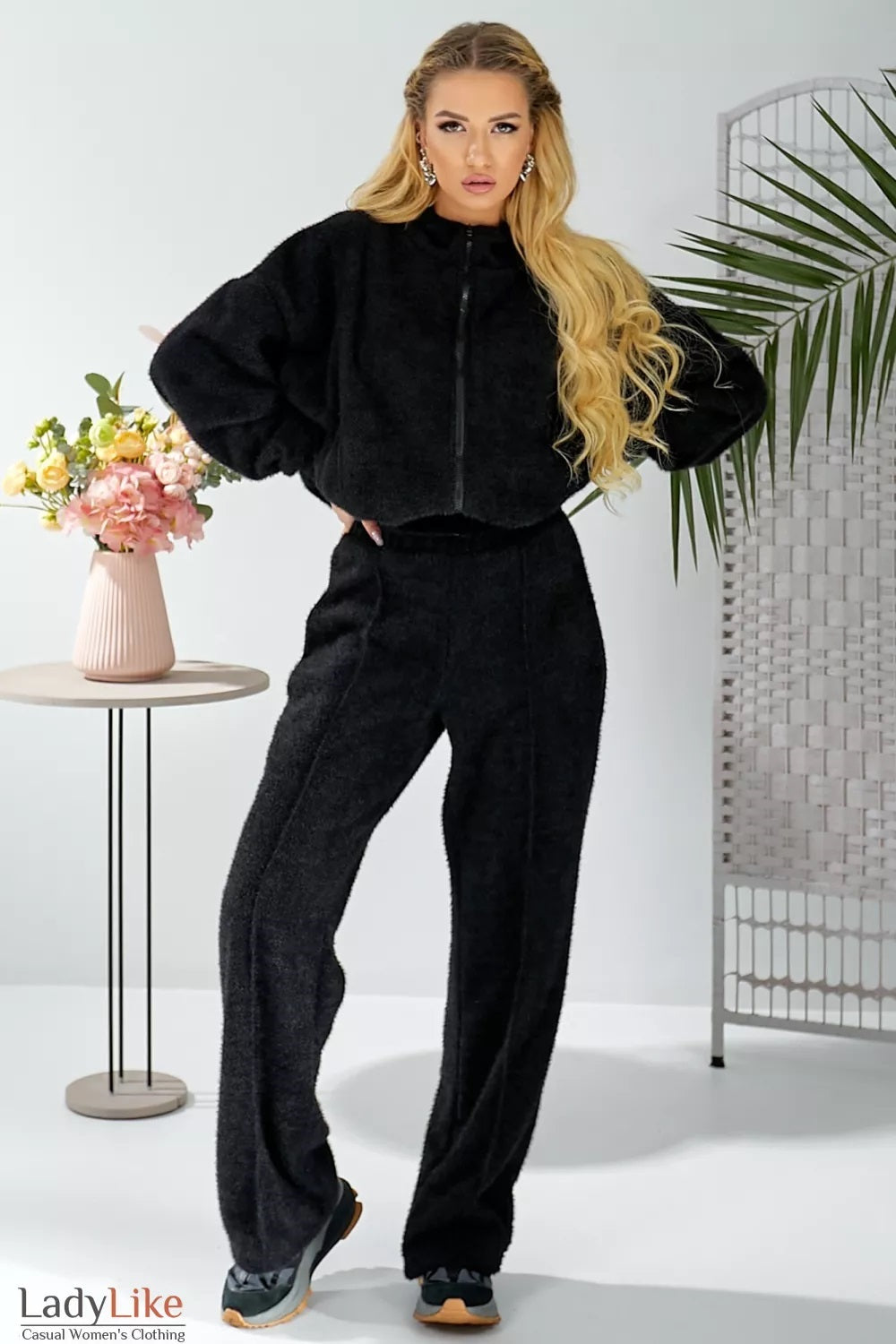 Cozy Knit Wide-Leg Trousers Black