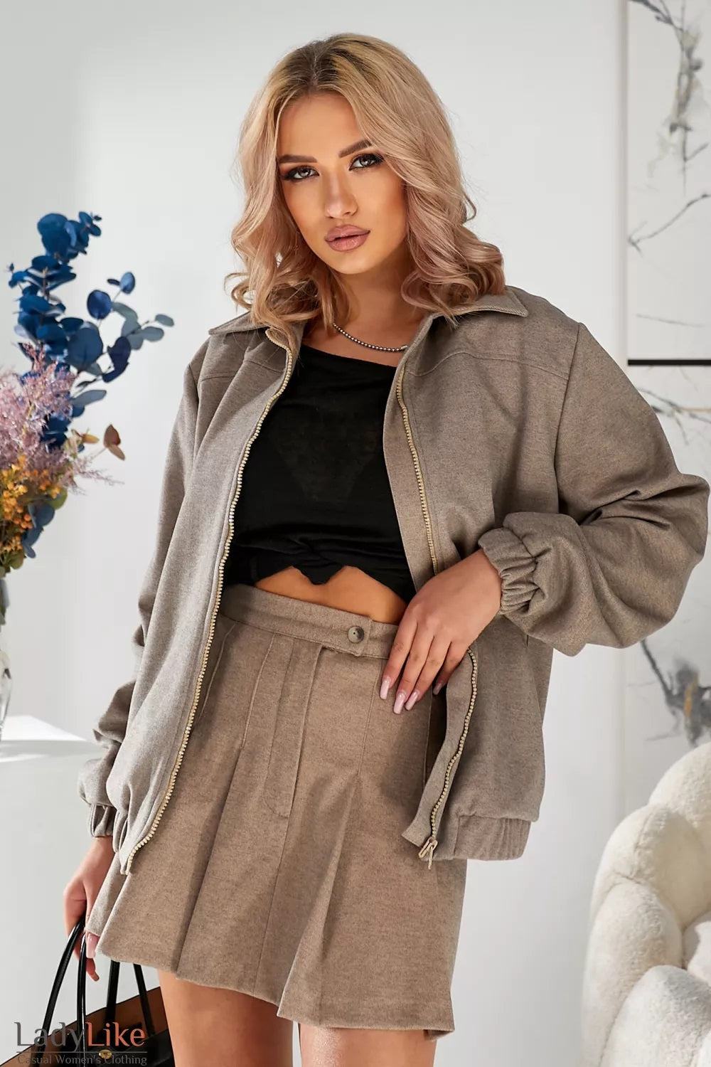 LadyLike Beige Wool-Blend Bomber & Mini Skirt Set